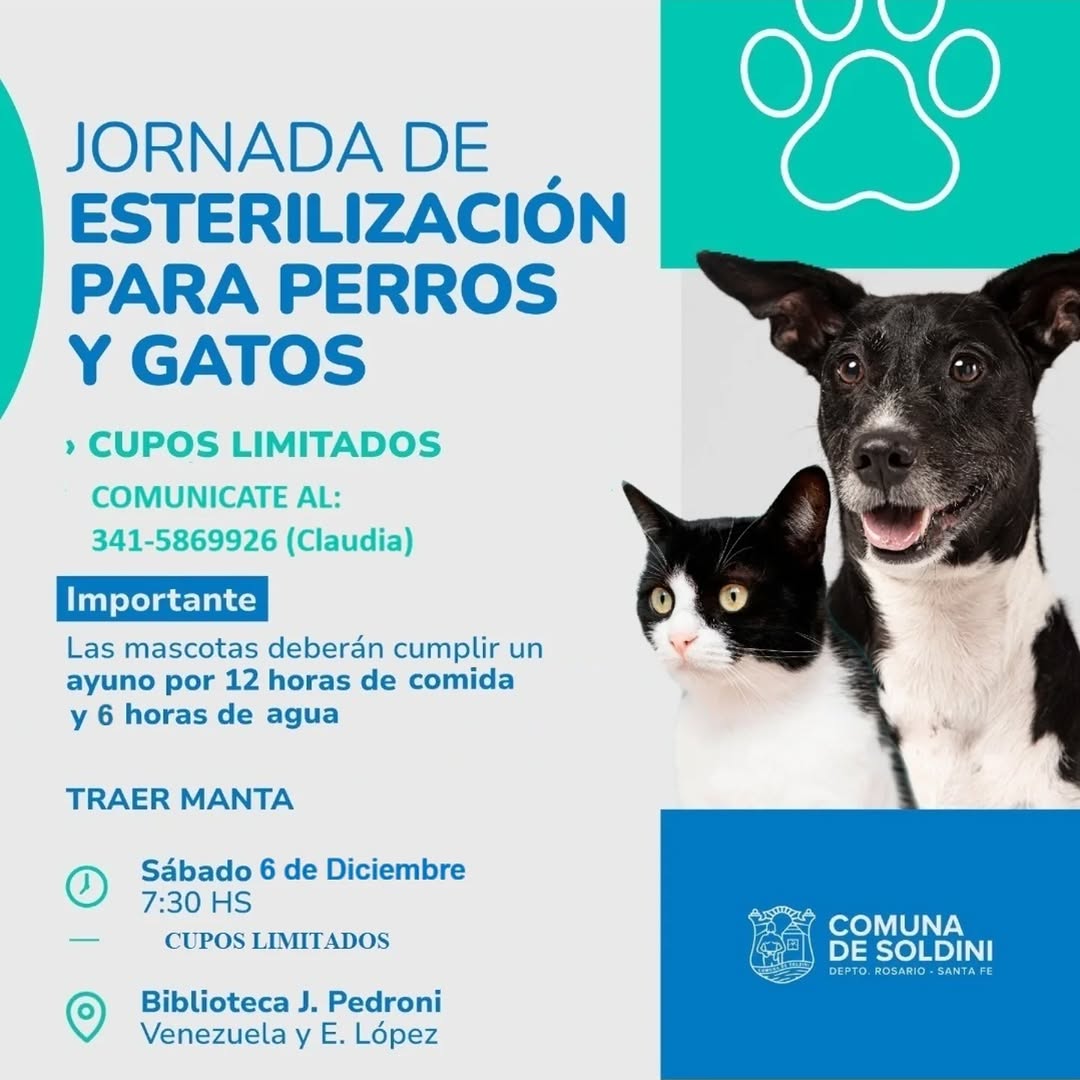 Atención! 🐱🐶 Sábado 6 de Diciembre Desde las 7.30 hs Esterilizaciones para perros y gatos!