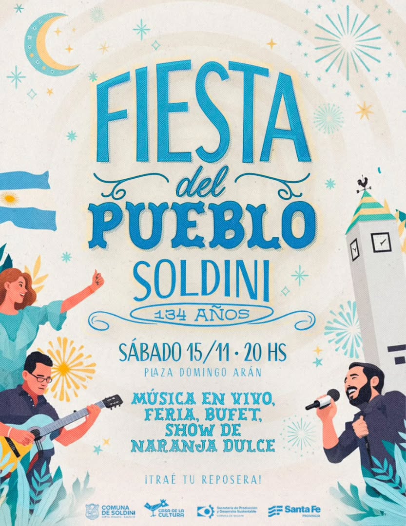 SOLDINI: 134 años, Fiesta del Pueblo 🥳 Sábados 15/11 a las 20 hs., los esperamos en la plaza Domingo Arán. 🔹️Música en...