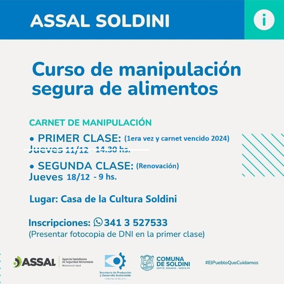 Recordamos que el próximo jueves 18/12 se realizará la 2da clase del curso de manipulación de alimentos. Los esperamos!