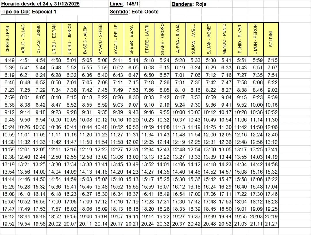🚌Horario del 145 SOLDINI - 24 y 31 de Diciembre