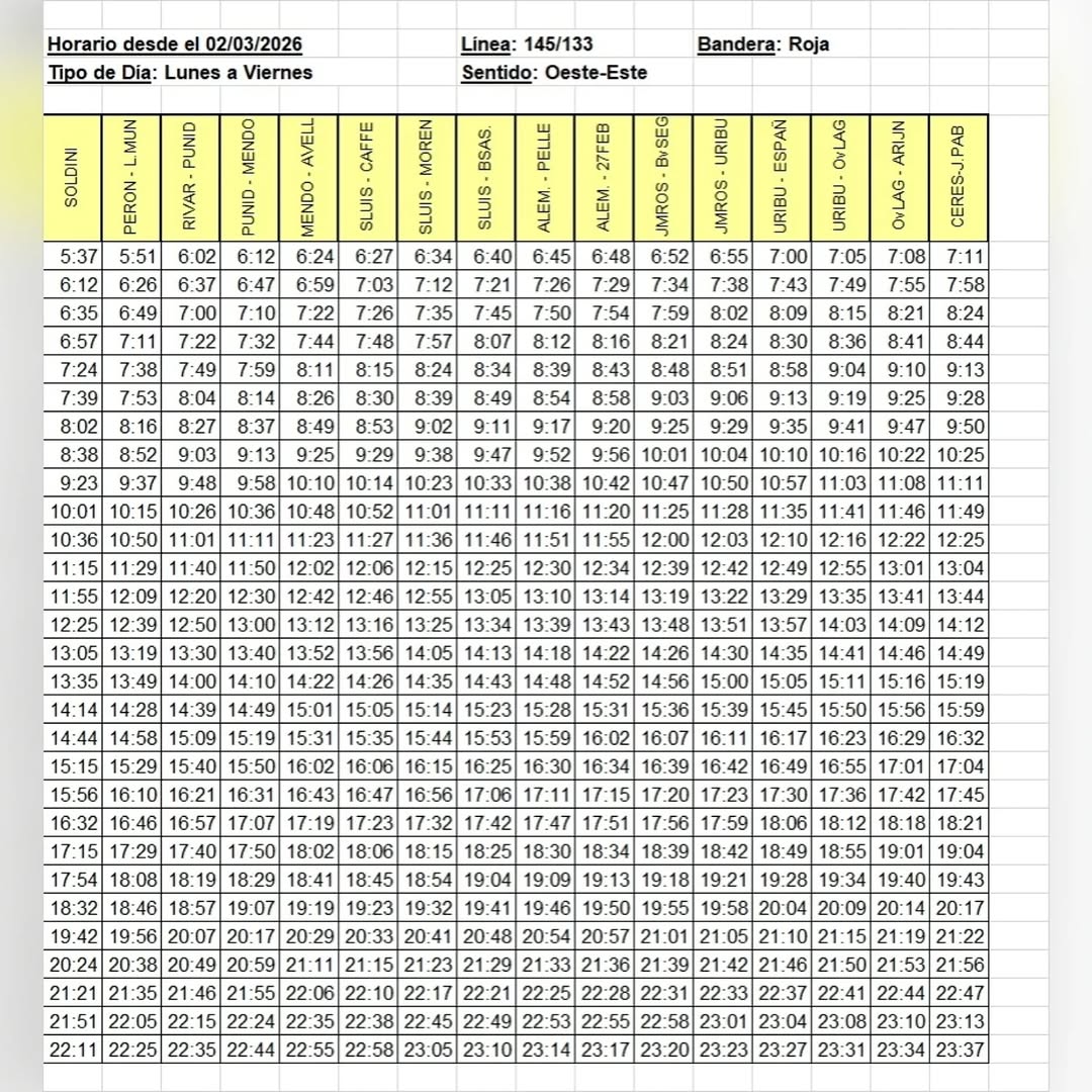 Nuevos horarios 🚌 línea 145 SOLDINI A partir del lunes 2 de marzo, esta será la frecuencia implementada.