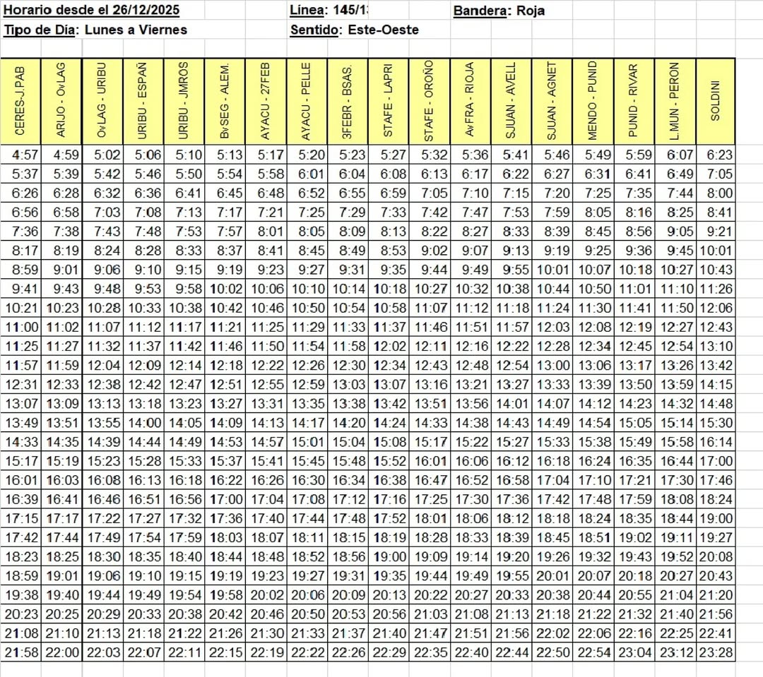 Y... ATENCIÓN‼️ 🚌 Nuevo Horario del 145 SOLDINI - de Lunes a Viernes, a partir del 26/12/25